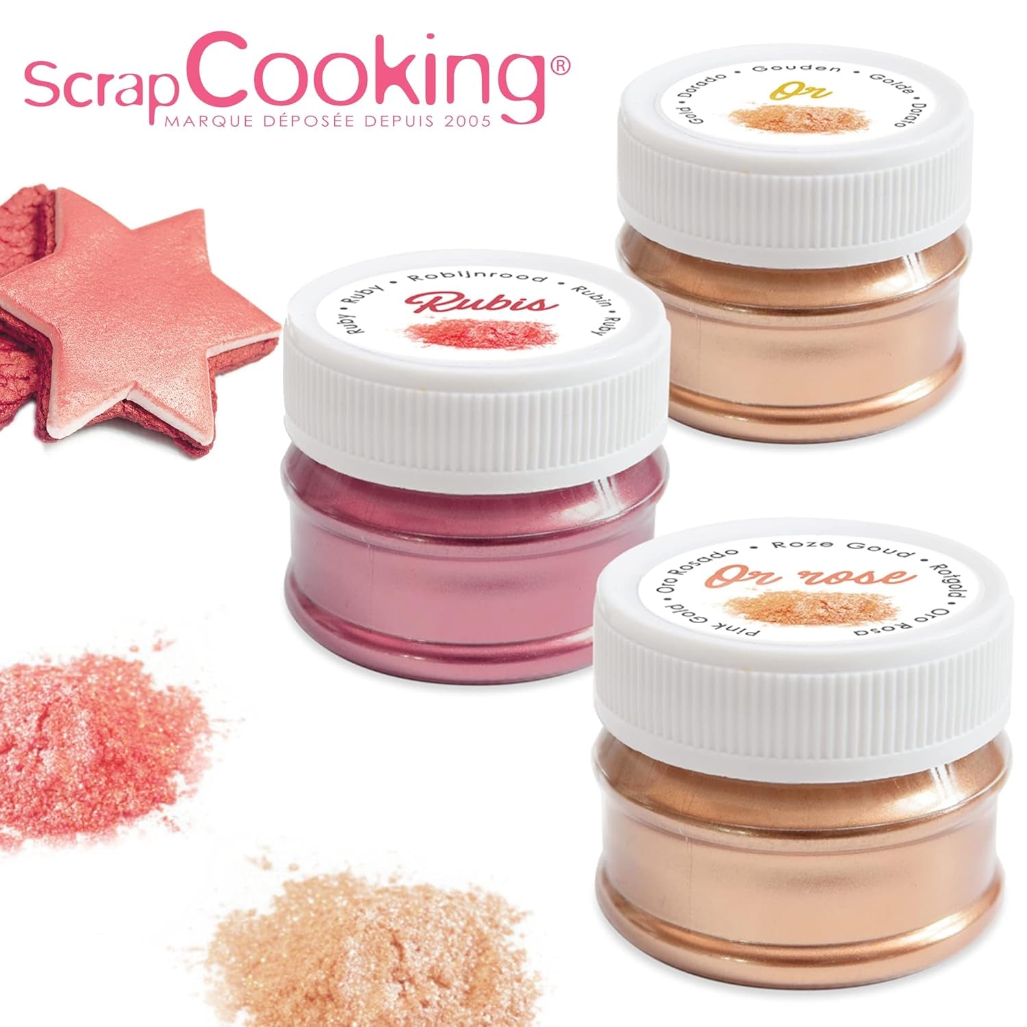 Scrapcooking - Sada 3 kovových potravinářských barviv - Potravinářské barvivo: zlaté, růžové zlato a rubínové - Jedlé potravinářské barvivo na pečení, dorty, sušenky, dorty, čokoláda - 4019
