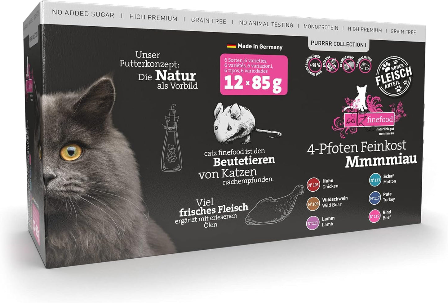 Catz Finefood Purrrr Collection I – Monoproteinové mokré krmivo pro kočky – bez obilovin, bez cukru, hypoalergenní – s vysokým obsahem masa – vícenásobné mokré krmivo pro kočky – v sáčcích, 85 g (12 balení)