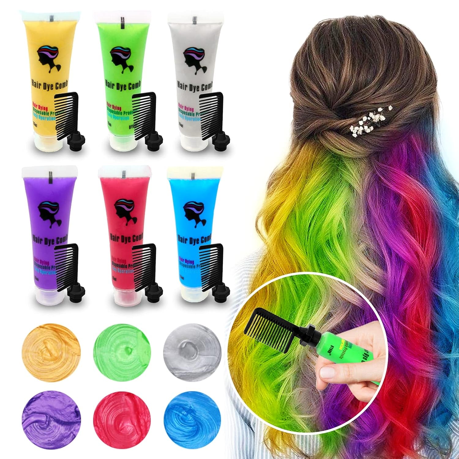 Byhoo 6PCS dočasné barvivo na vlasy pro černé vlasy, křída na vlasy, smývatelná barva na vlasy, tip na dárek pro dívky, dárek k narozeninám pro dospívající. Barva na vlasy Naty Shop 01