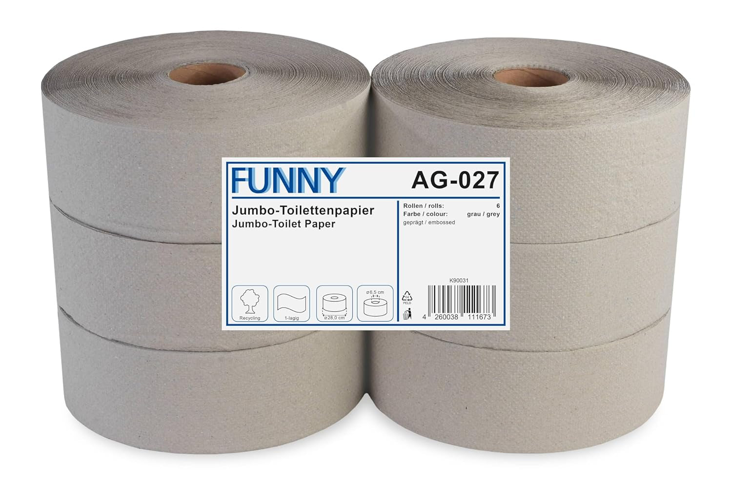 Funny AG-027 Jumbo toaletní papír, 1 vrstva, recyklovaný, průměr 28 cm (balení 6 ks)