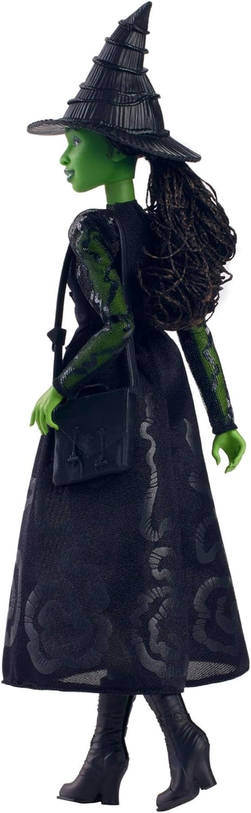 Módní panenka Mattel Wicked Elphaba a doplňky se zelenou pletí, vlasy s černým copánkem, různé možné pozice a vzhled odnímatelných plesových šatů, HXT62, [vícebarevné]