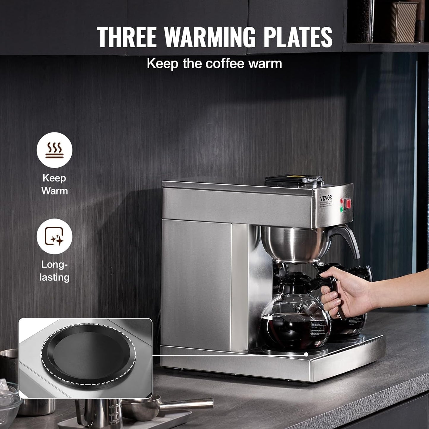 Komerční kávovar na espresso s filtrem na 12 šálků VEVOR se 3 skleněnými karafami a 3 topnými deskami Espresso kávovar z nerezové oceli s automatickým přívodem vody pro kancelářskou restauraci Kavárna