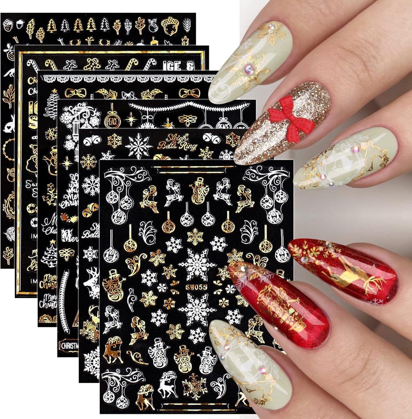 9 Blatt Nagelsticker Weihnachten Nagelaufkleber Selbtklebend Weiß Rentier Schneemann Samolepka na nehty Dekoration Nageldesign Zubehör