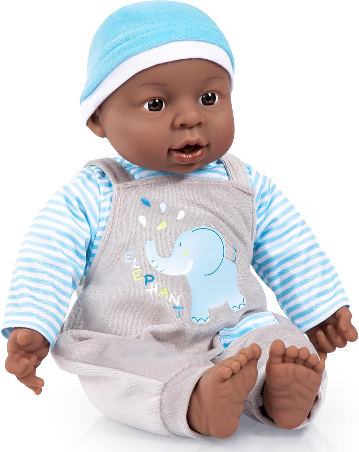 Bayer Design 94001AH Interaktivní panenka, chlapec, mluvící, měkké tělo, 40 cm, tmavá kůže, modrá