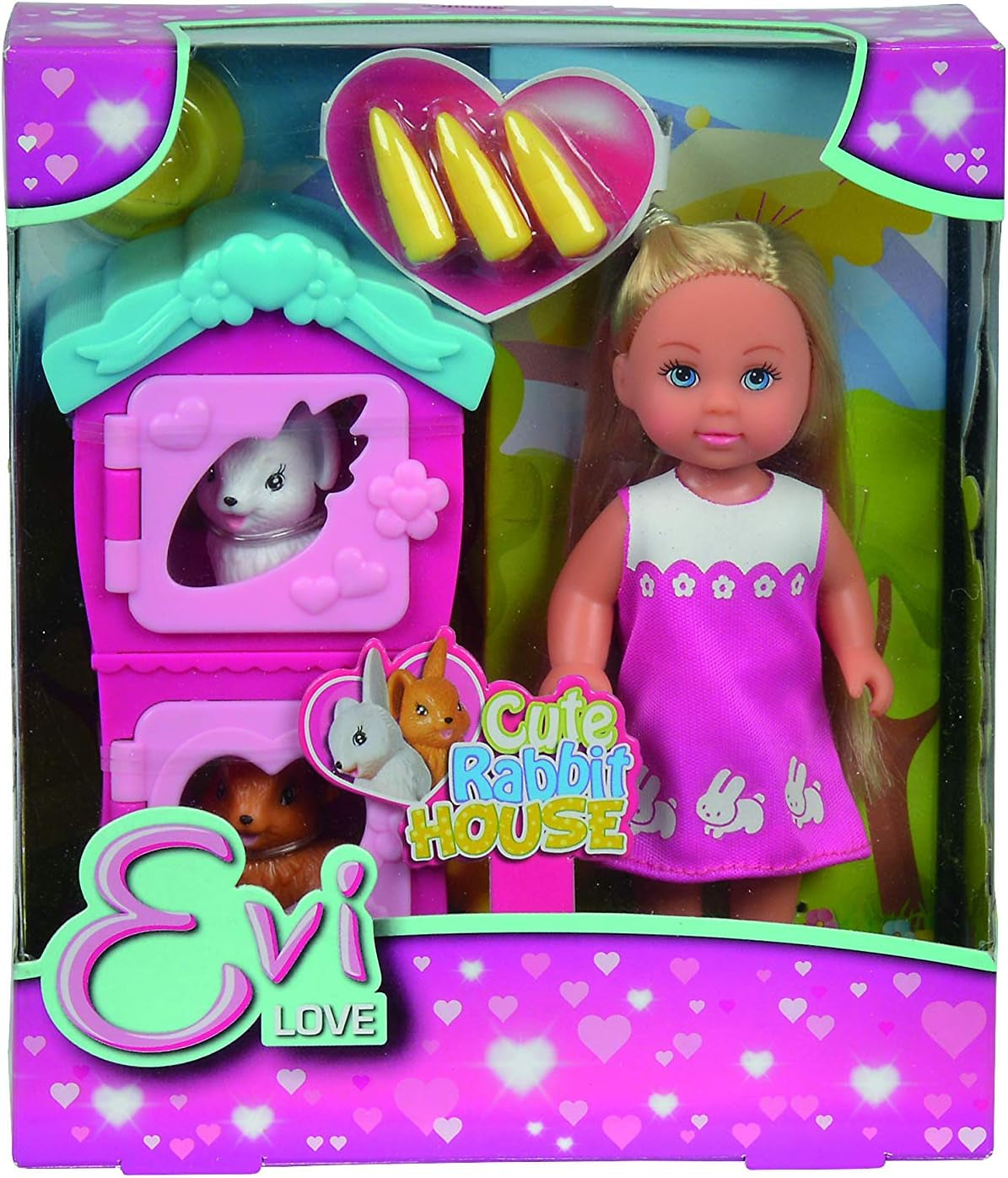 Simba 105733041 - Evi Love Puppy Love se TŘI štěňaty, s boudou pro psa a doplňky, módní panenka, 12 cm, pro děti od 3 let