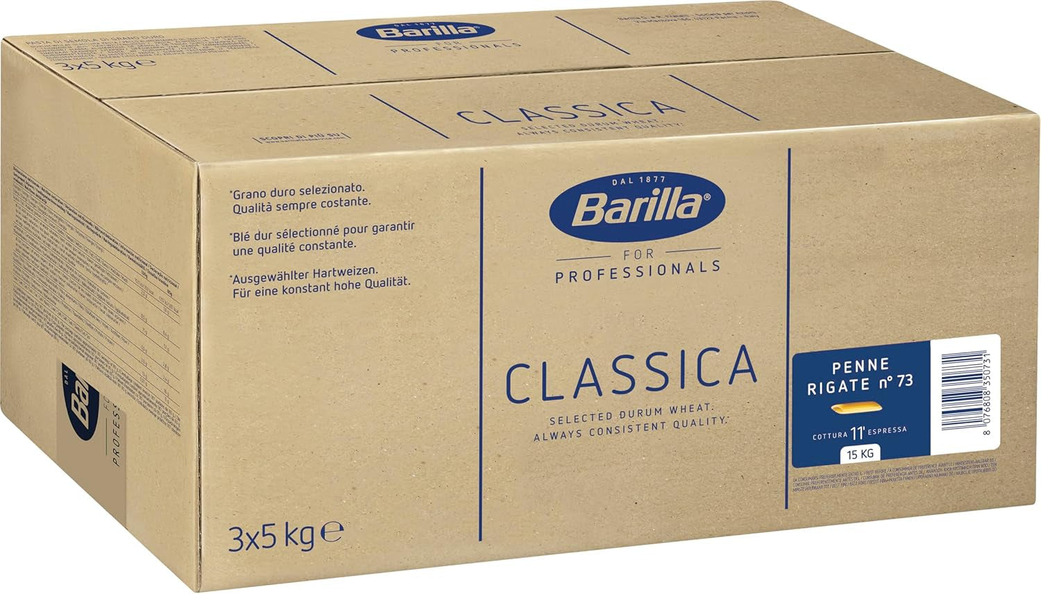 Těstoviny z tvrdé pšenice Penne Rigate Barilla č. 73 – Balení po 1 (1x5kg)