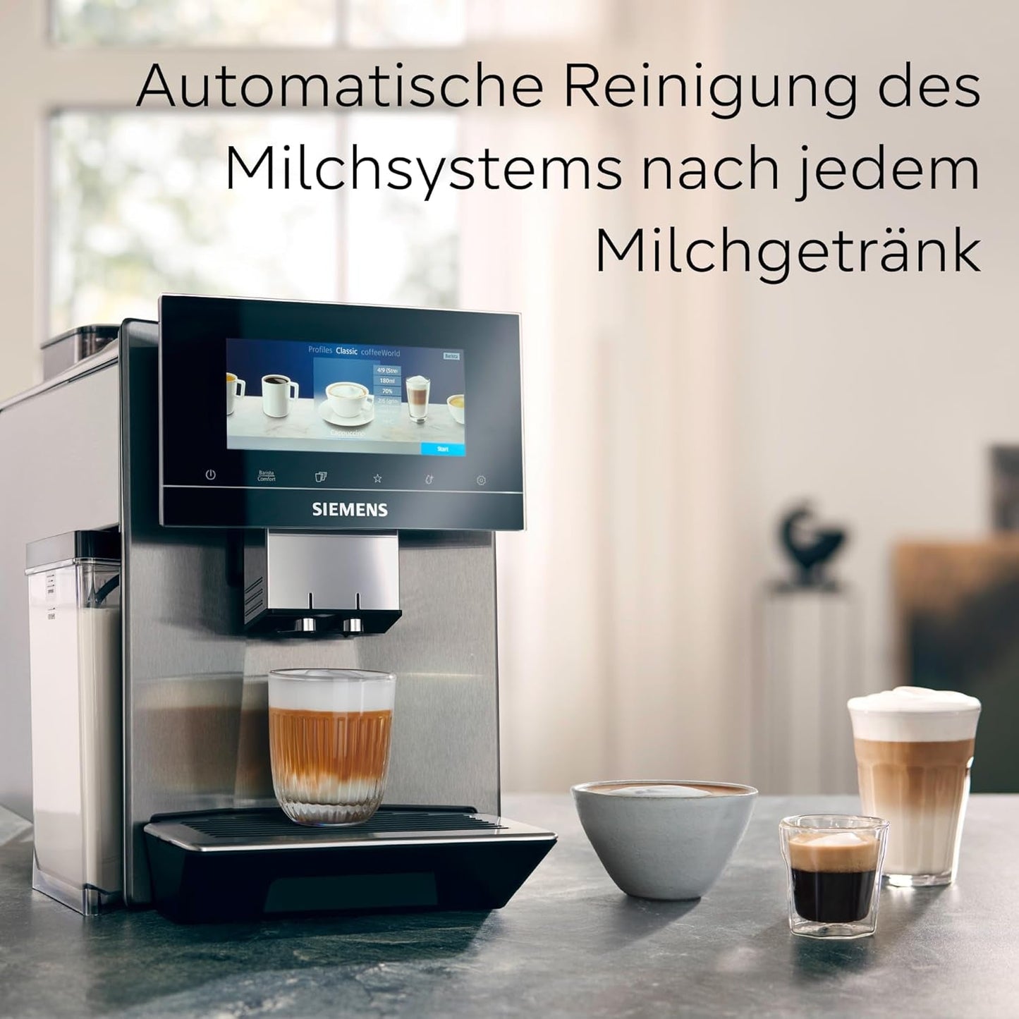 Automatický kávovar Siemens EQ900, velký barevný TFT displej, 2 zásobníky na zrnka, 36 teplých a studených nápojů, studená káva, super tichý, funkce dvou šálků, ovládání aplikací, nerezová ocel, TQ907D03
