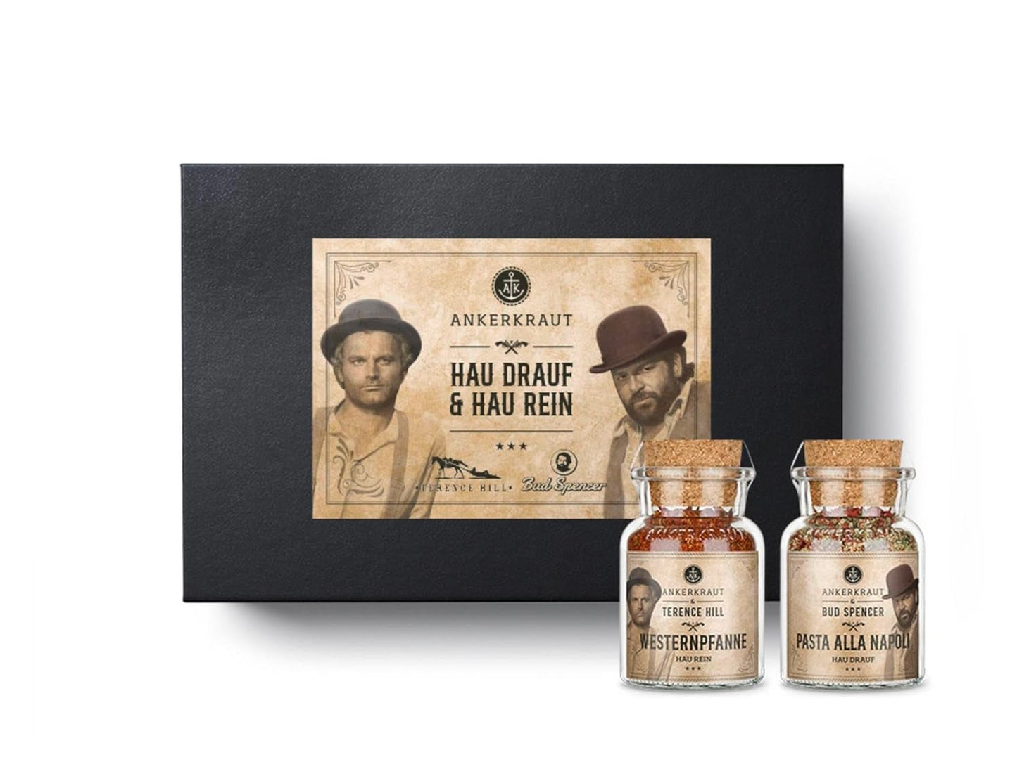 Ankerkraut Bud Spencer & Terence Hill Bagaluten Gewürz-Box, mit western pfanne and Pasta alla Napoli, Geschenk-Set, lecker kochen, 195 g Gewürze Inhalt