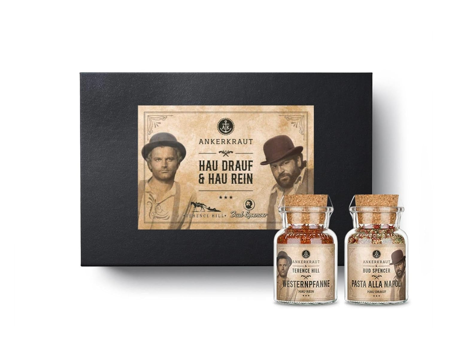 Ankerkraut Bud Spencer & Terence Hill Bagaluten Gewürz-Box, mit western pfanne and Pasta alla Napoli, Geschenk-Set, lecker kochen, 195 g Gewürze Inhalt