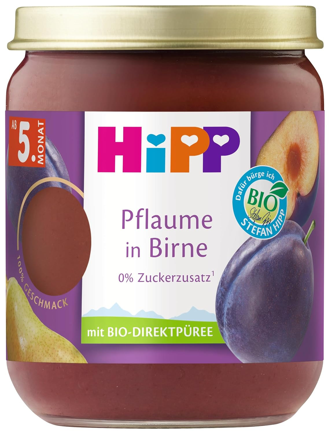 HiPP Bio švestky s příchutí hrušky (6 x 160 g), od 5 měsíců, bez přidaného cukru, zvláště intenzivní ovocná příchuť, nejlepší bio kvality.