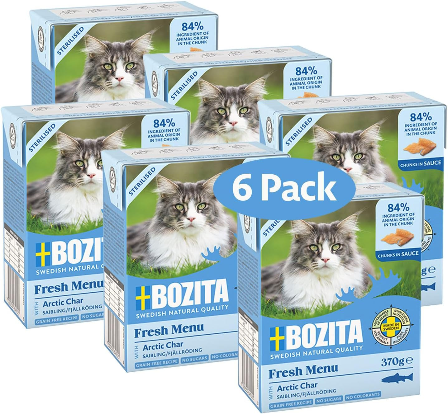Bozita Tetra Sterilizované kousky v omáčce s dřevěným uhlím - 6 x 370 g Mokré krmivo pro kočky bez obilovin a cukru - bez GMO, s 8,5 % bílkovin a 4,5 % tuku - vysoce kvalitní a mimořádně chutné