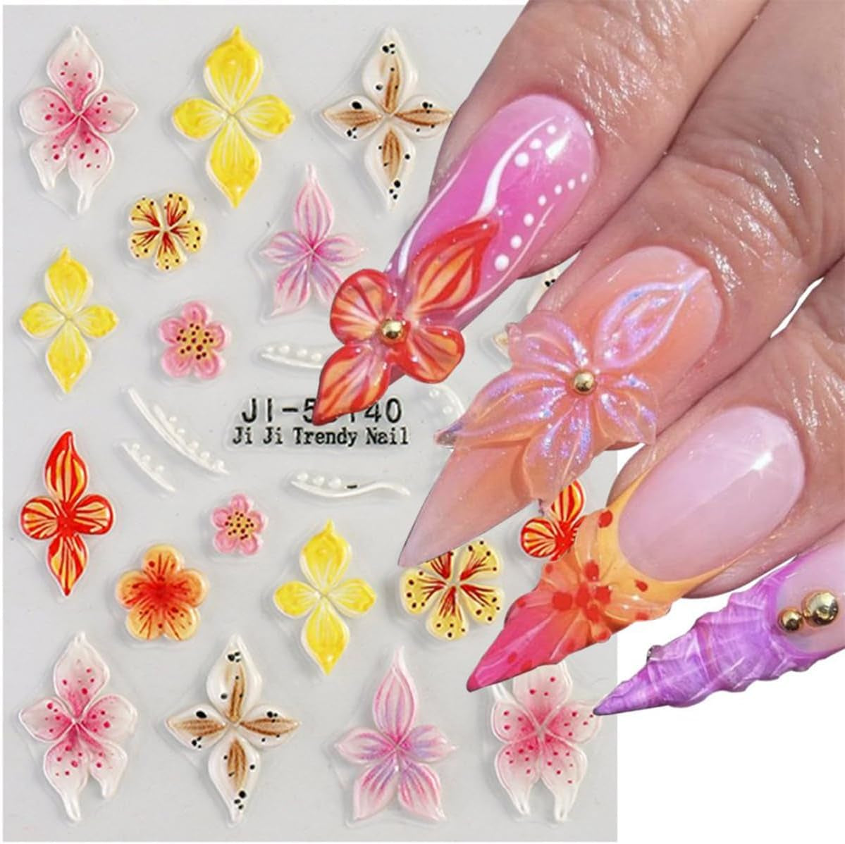 JMEOWIO 3D Nálepka na nehty Colorful Flower Nail Art Nálepka Selbstklebend Nagelaufkleber 5D Stereoskopické Jaro Léto Květinová dekorace Nageldesign Zubehör 4 Blatt
