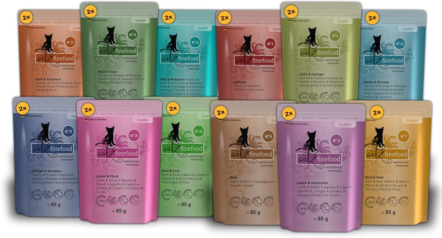 Catz Finefood Classic Collection Mixed Pack Mokré krmivo pro kočky - Gurmánské mokré krmivo pro vaši kočku, bez obilovin a cukru, s vysokým obsahem masa, 24 sáčků x 85 g