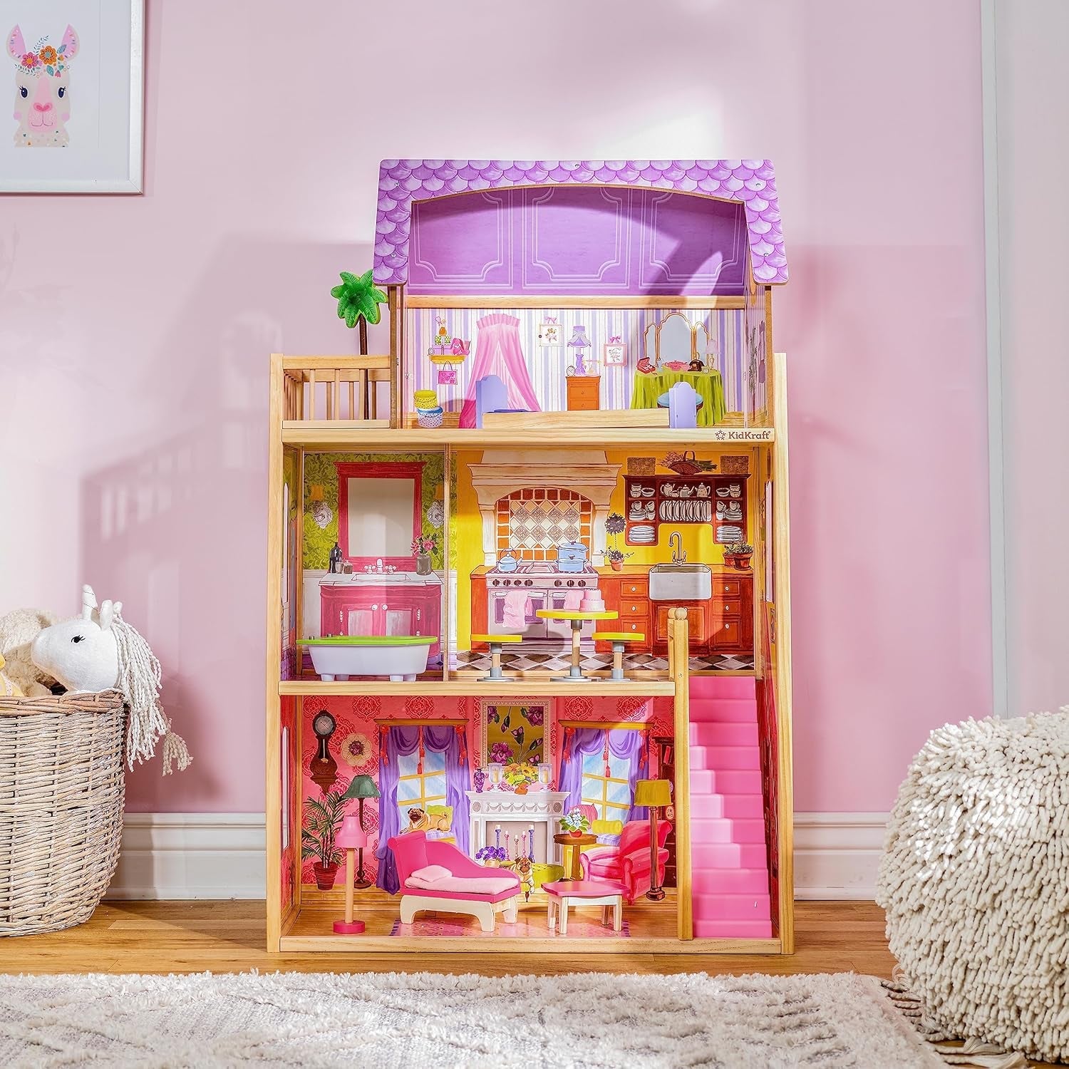 KidKraft Kayla dřevěný domeček pro panenky s nábytkem a doplňky, 3patrová herní sada pro 30cm panenku, hračka pro děti od 3 let, 65092 – exkluzivně na Amazonu