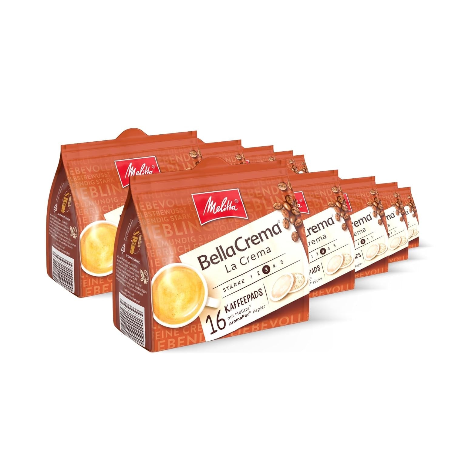Melitta BellaCrema La Crema gemahlener Röstkaffee in Kaffee-Pads 10 x 16 Pads, Kaffeepads für Pad-Machine, medium Röstung, geröstet in Deutschland, Stärke 3, im Tray