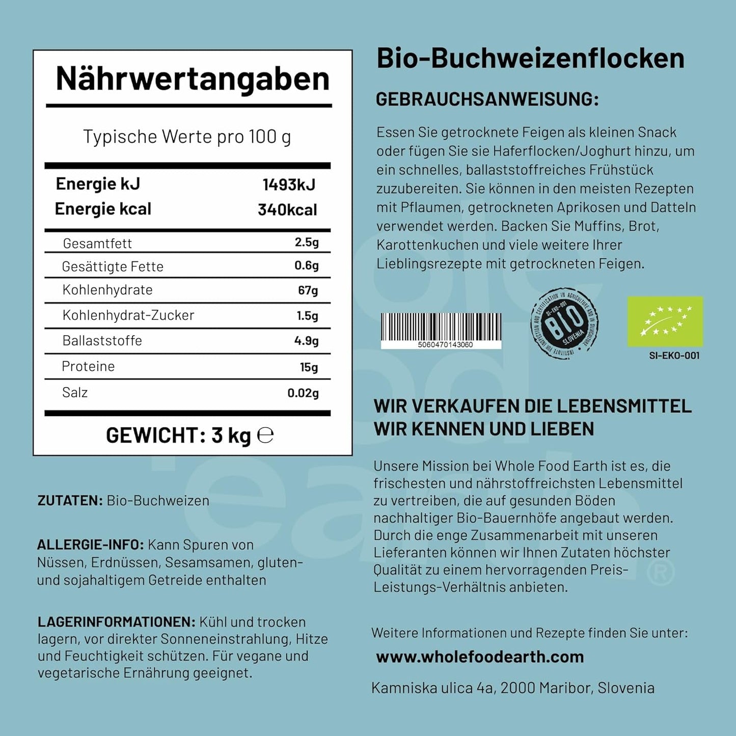 Pohankové vločky v bio kvalitě – 3 kg | Surový | Bez GMO | Vegan | Zdroj vlákniny | Certifikované organické