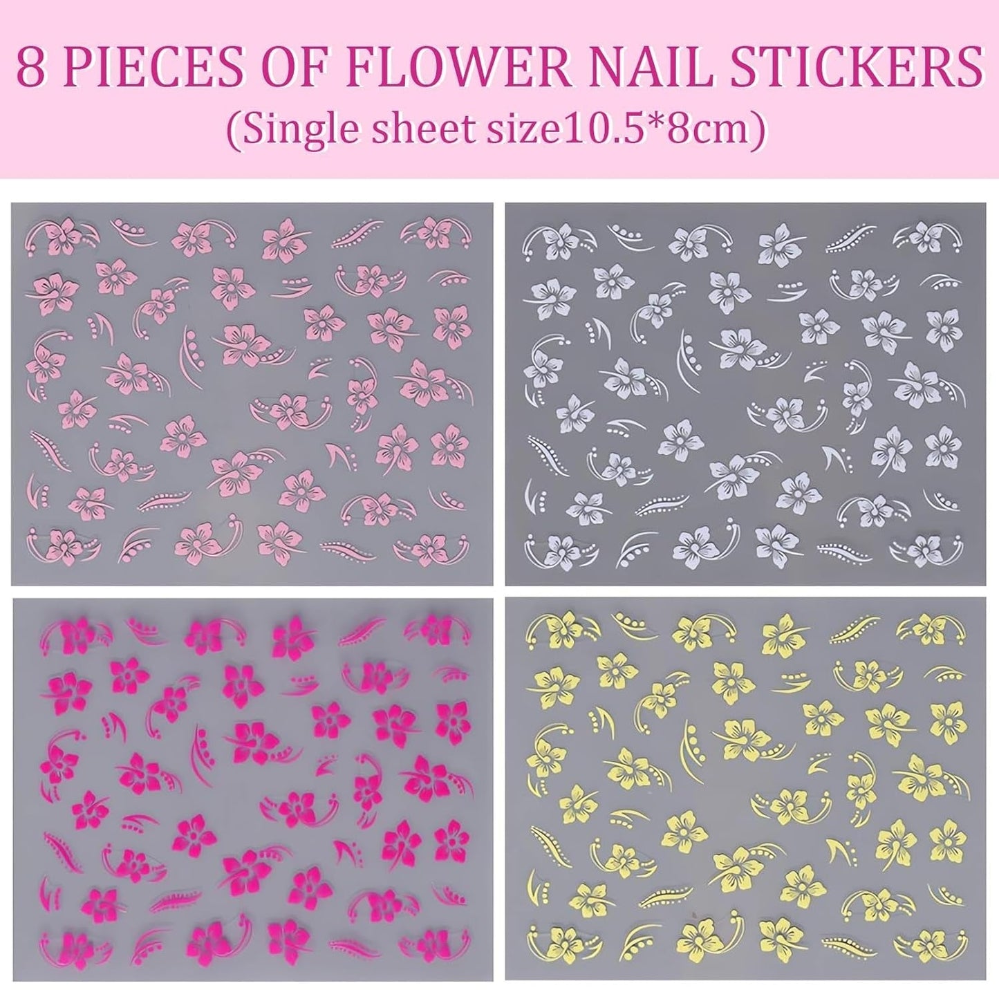 8 Stück Hibiskus Nagel Sticker, 3D Selbstklebende Blumen Nagelaufkleber, Weiß Rosa Gelb Magenta Summer Neonail Sticker, Nail Art Zubehör Nagel Deko Für Frauen