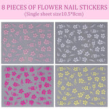8 Stück Hibiskus Nagel Sticker, 3D Selbstklebende Blumen Nagelaufkleber, Weiß Rosa Gelb Magenta Summer Neonail Sticker, Nail Art Zubehör Nagel Deko Für Frauen