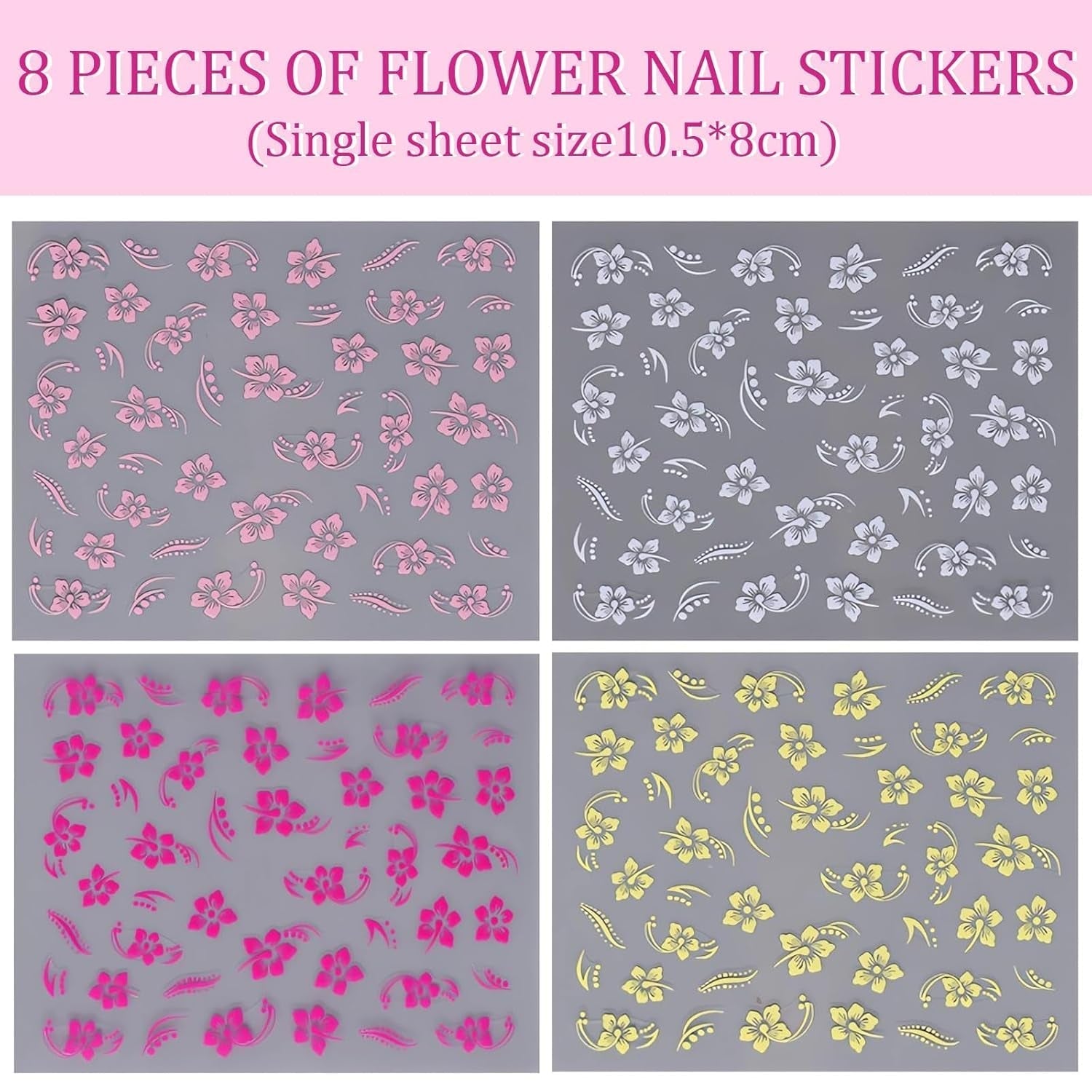 8 Stück Hibiskus Nagel Sticker, 3D Selbstklebende Blumen Nagelaufkleber, Weiß Rosa Gelb Magenta Summer Neonail Sticker, Nail Art Zubehör Nagel Deko Für Frauen