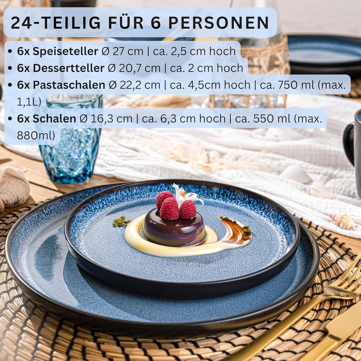 SÄNGER Aruba | Sada kameninového nádobí pro 6, 6 talířů, 6 snídaňových talířů, 6 talířů, 6 misek na těstoviny, modrá s černým okrajem | SBÍRKA HODNOT