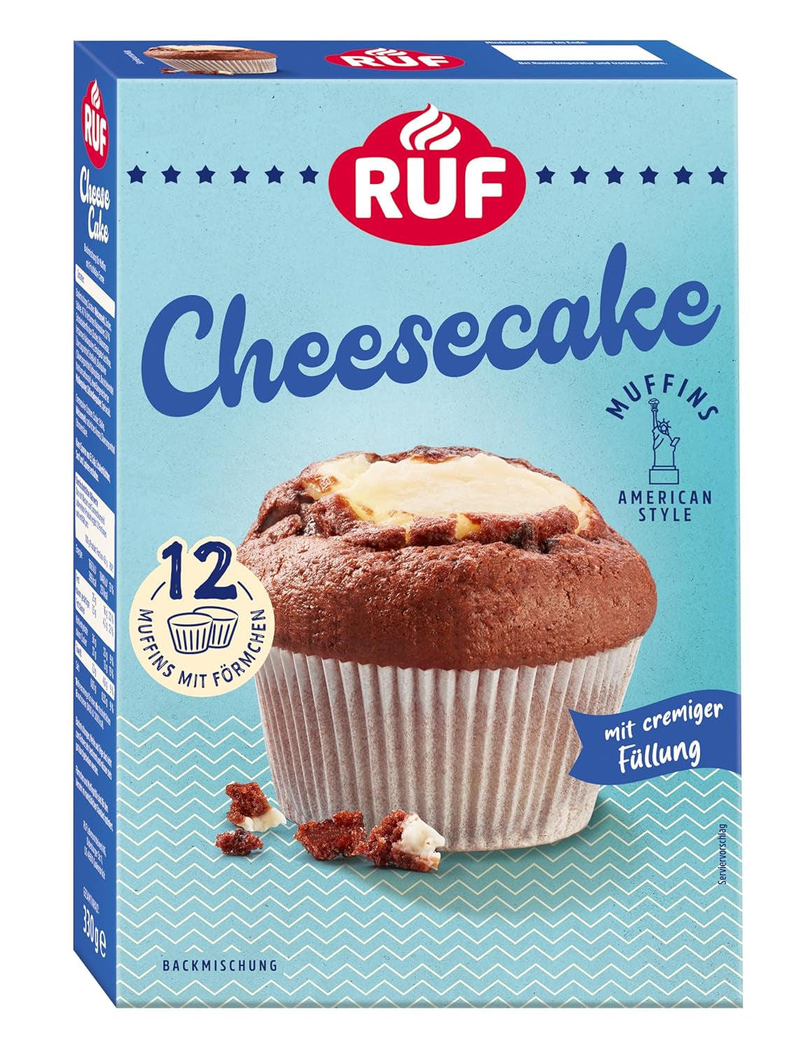 RUF Cheesecake-Muffins Backmischung, American Style Muffins Mit Cremiger Füllung, Einfache Zubereitung, 12 Muffin-Förmchen Inklusive Naty Shop Cheesecake 330 G (1Er balení)