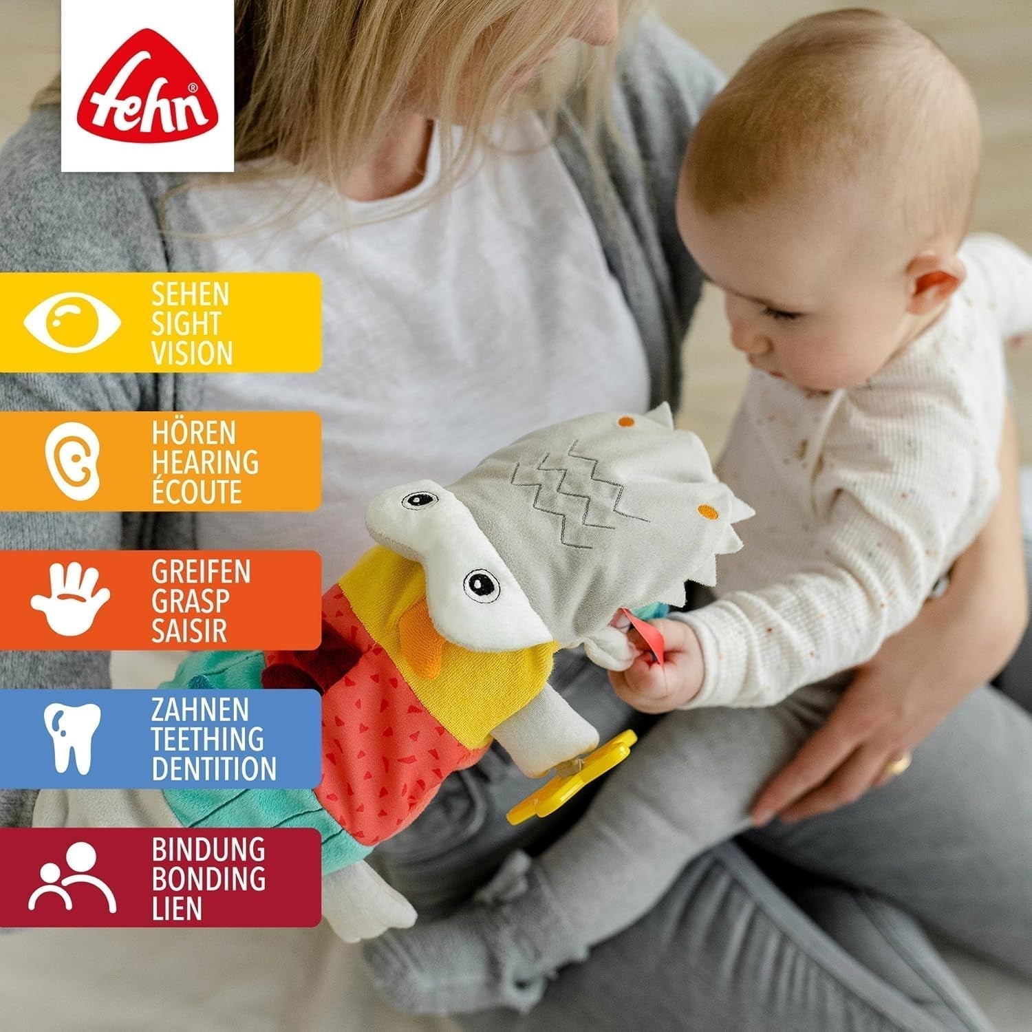 Fehn Dětská maňáska Krokodýl - Plyšová hračka s chrastítkem, šustícím papírem, kousátkem a pískadlem - Dětská maňáska - Praskácí hračka pro miminka a batolata Hračky pro miminka od 6 měsíců Naty Shop