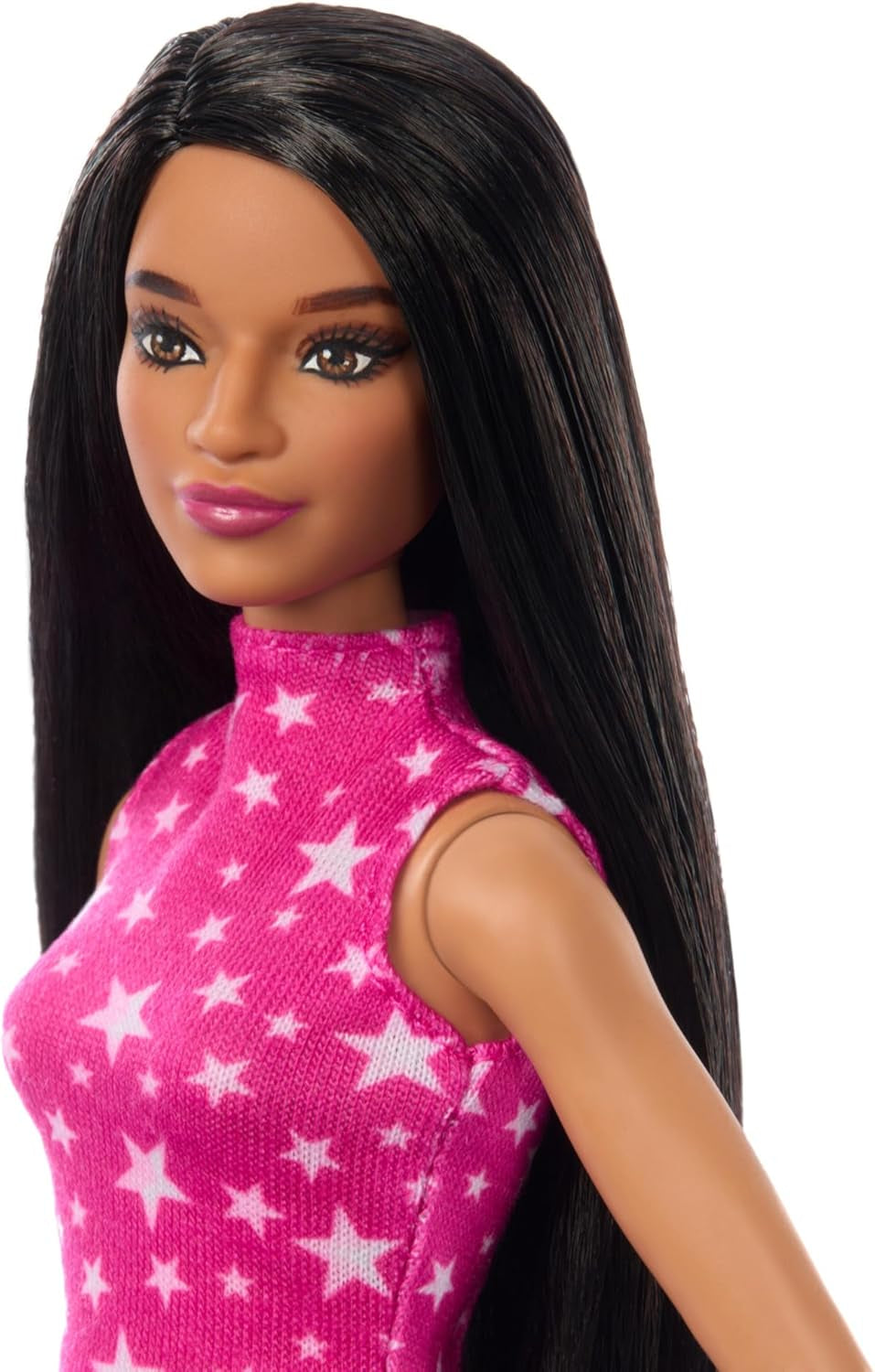 Panenka Barbie Fashionistas č. 215 s rovnými černými vlasy top s růžovým vzorem hvězd a duhovou sukní sběratelská módní panenka k 65. narozeninám HRH13 Naty Shop Dolls