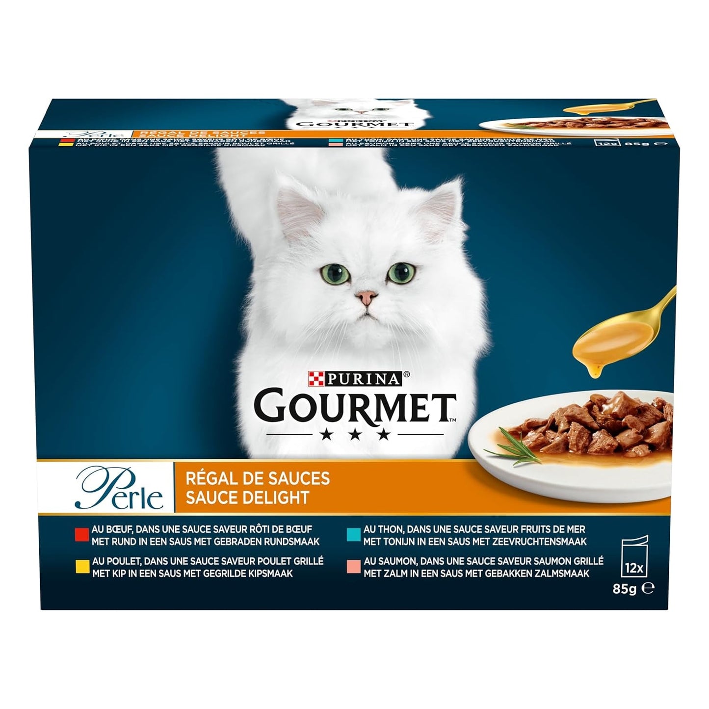 Perla | Držák na omáčku | Dospělá kočka | Hovězí maso, kuřecí maso, tuňák, losos | 12 x 85 g | Sáčky čerstvosti (balení se může lišit)