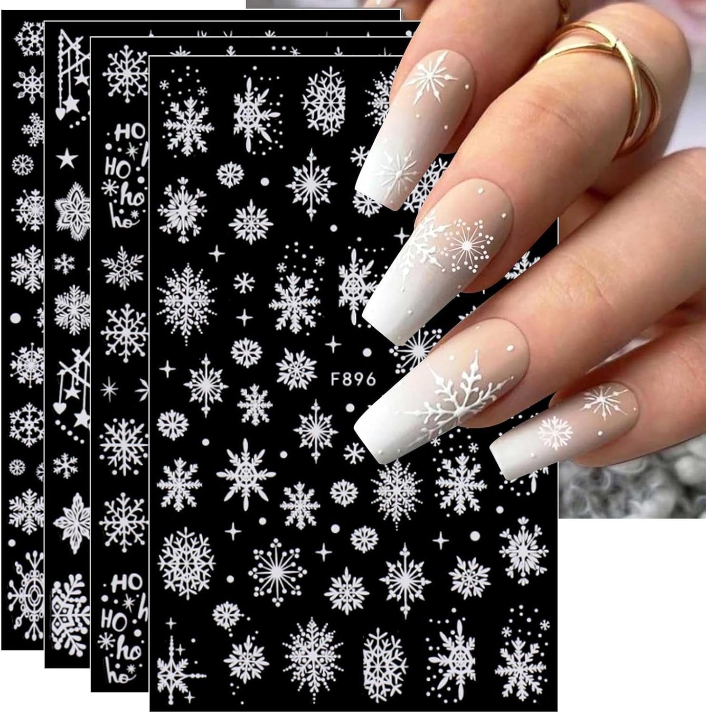 JMEOWIO Nálepka na nehty Weihnachten Weiß Glitter 8 Blatt Nálepka na nehty Selbtklebend Nagelaufkleber Schneeflocke Zimní dovolená Dekorace Nageldesign Zubehör