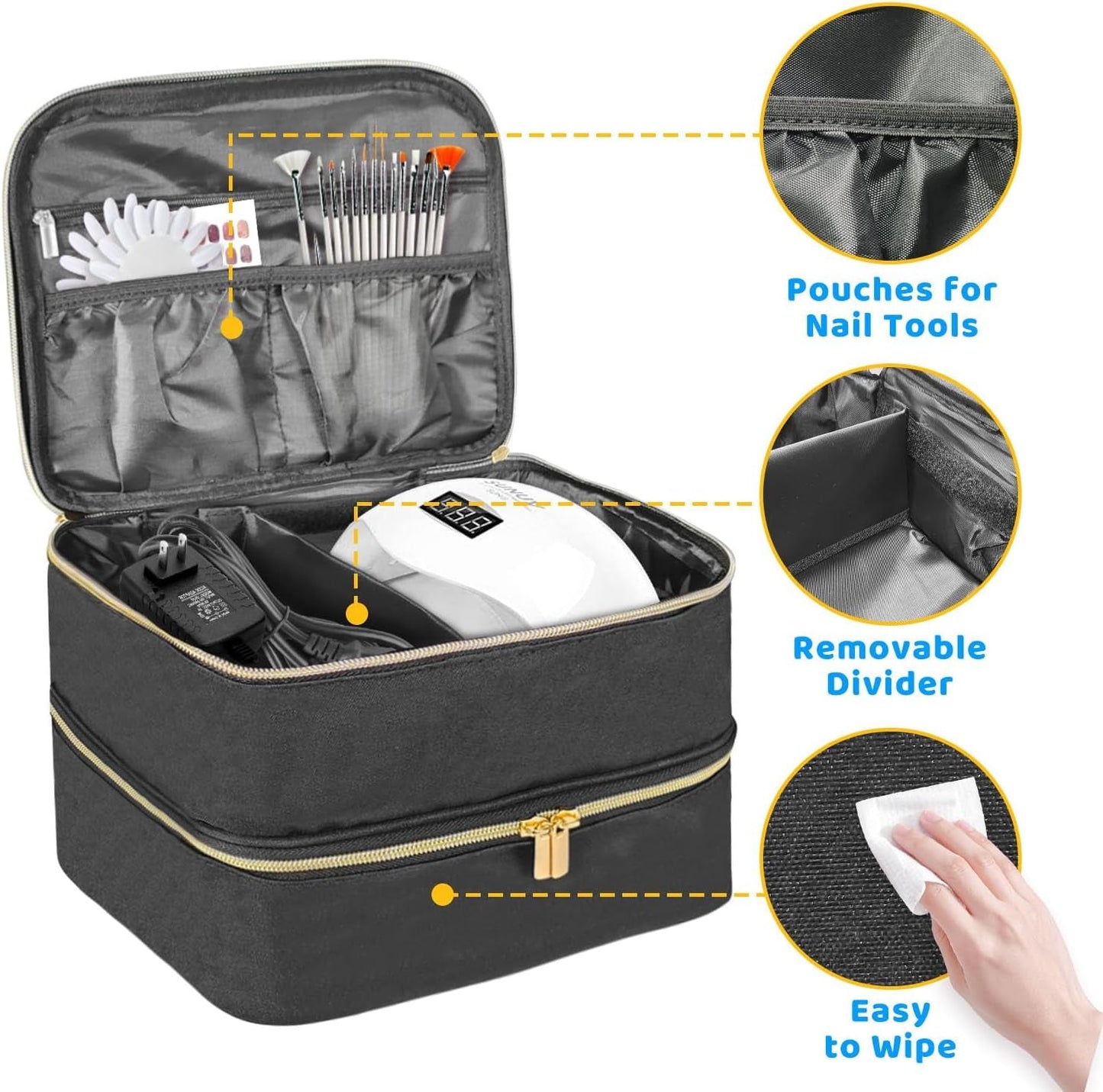 Tasche s organizérem laku na nehty, úložná krabička na lak na nehty Doppelschicht, organizér Koffer Für Nageldesign Kosmetiktasche Für 30 lahviček s neonailovou bází (15 ml-0,5 Fl. Oz) & 1 lampa na nehty (Schwarz)