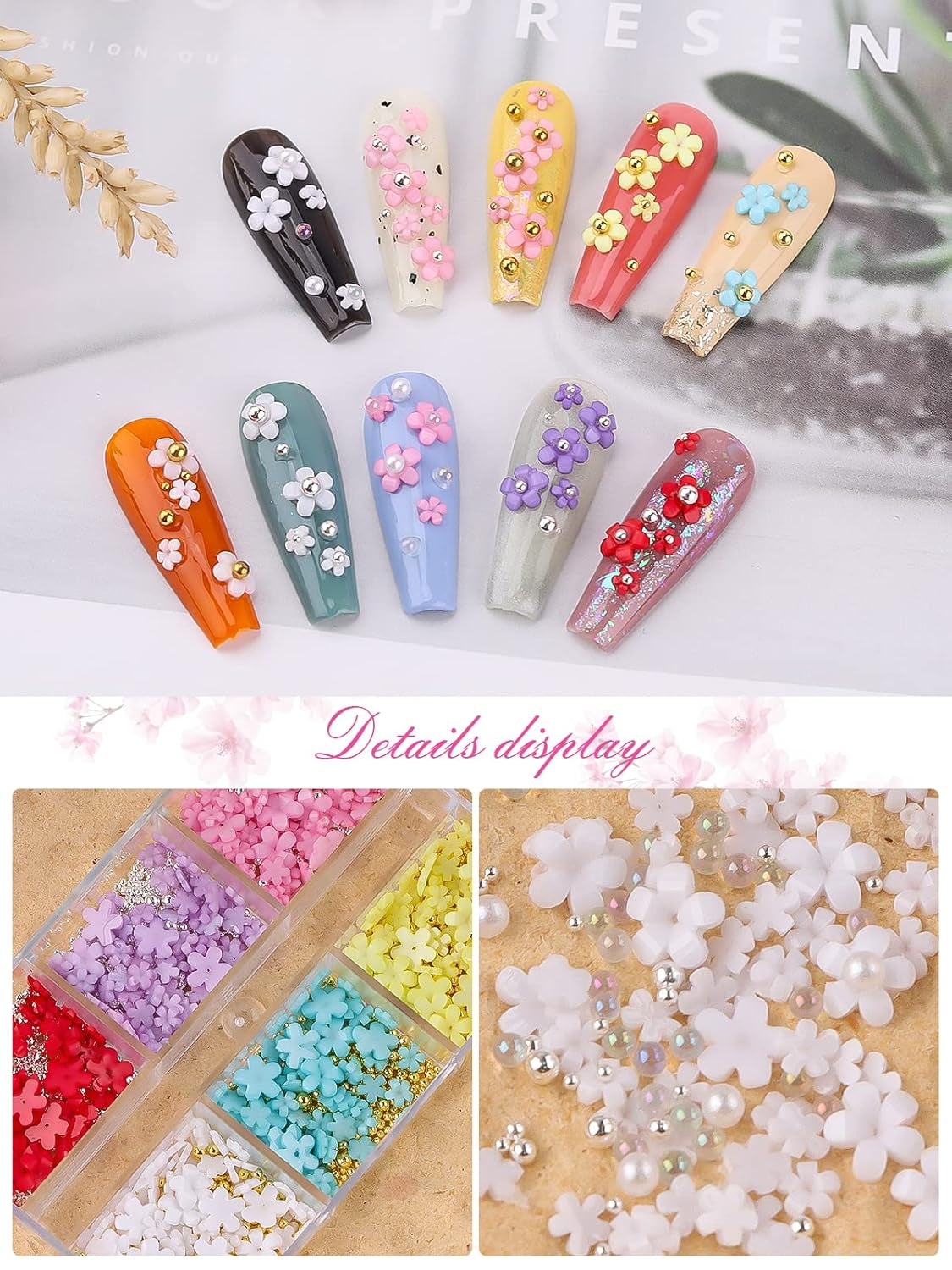 Kalolary Květiny Nail Art Charms, 3D akrylové květiny na nehty Pět okvětních lístků Květinové ozdoby Kamínky na nehty Smíšené kovové korálky pro DIY Nail Art Design Výroba šperků (2 krabičky)