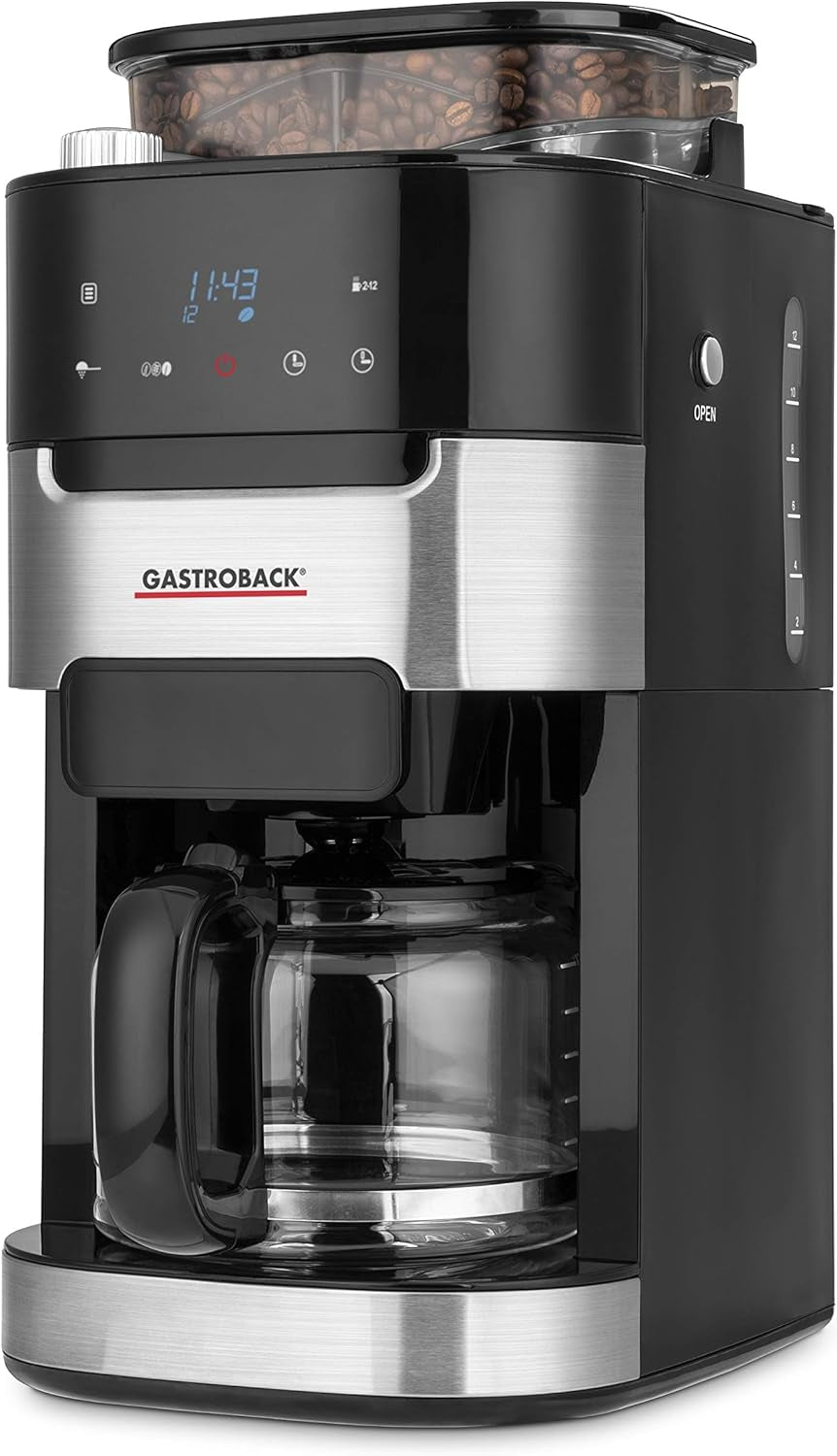 Kávový espresso kávovar GASTROBACK 42711 Grind & Brew Pro, kávovar s integrovaným filtrem a mlýnkem, kónický mlýnek s 8 nastaveními mletí, dotykový LCD displej, plast