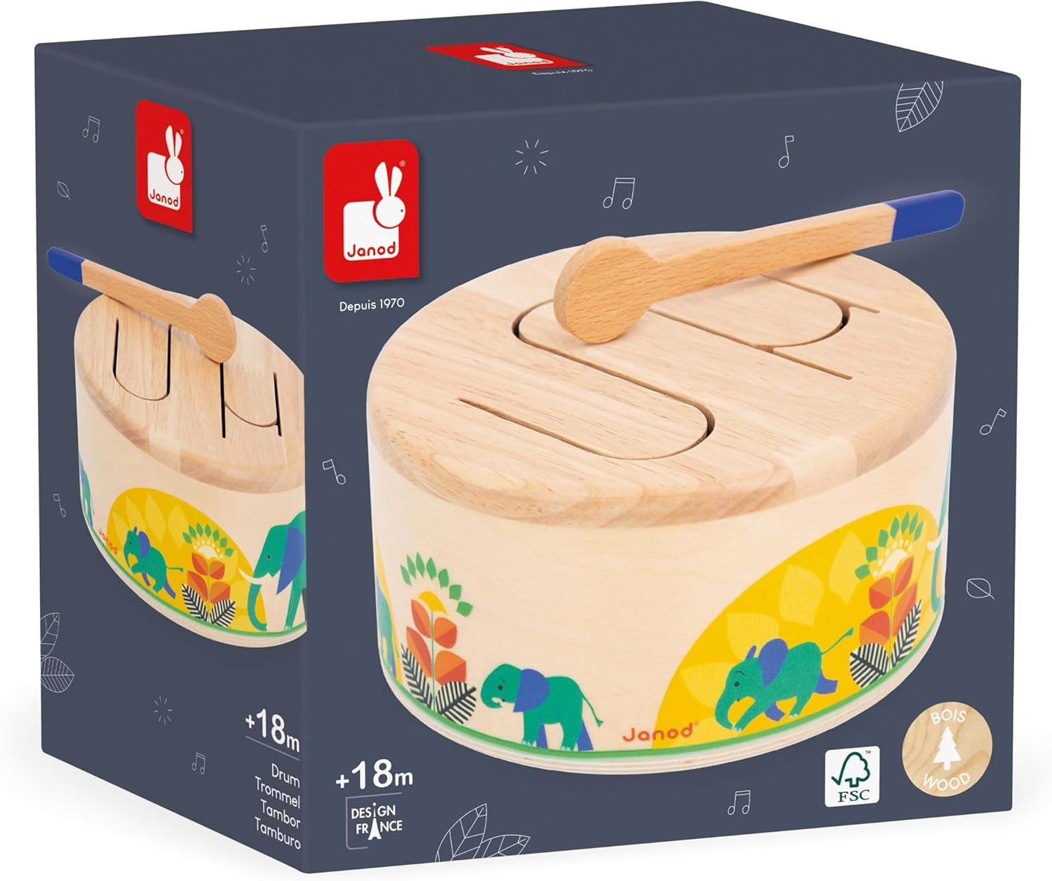 Janod - Gioia Drum - FSC dřevěný buben + buben - Hraní rolí a rané hudební vzdělání - Akvarel - Od 18 měsíců, J07650 Bebe Toys Naty Shop