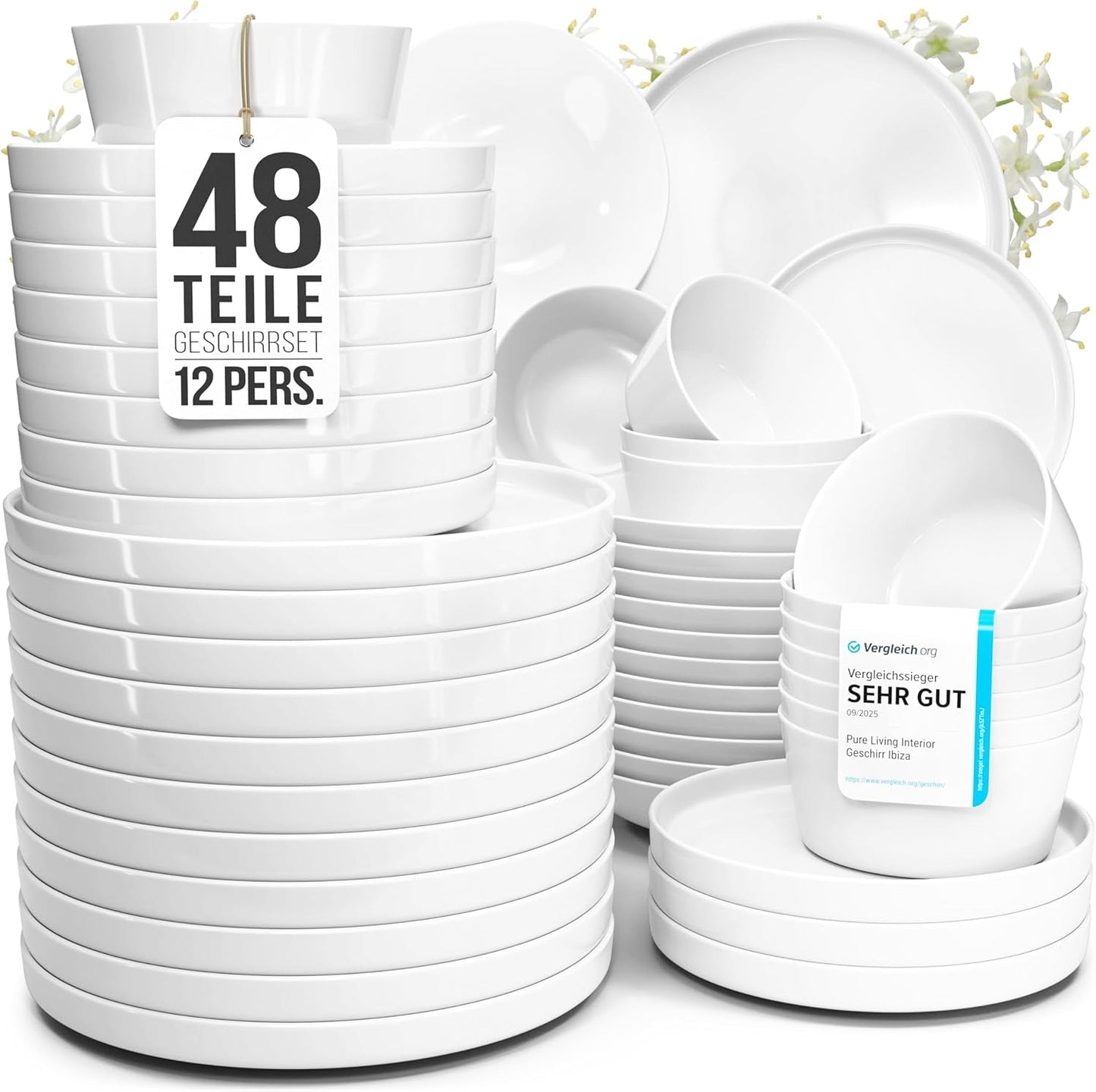 Křišťálová 48dílná porcelánová sada nádobí VÍTĚZ TESTU Čirá sada porcelánového nádobí Mísy a talíře Večerní servis pro 12 sad nádobí Pure Living v bílé barvě