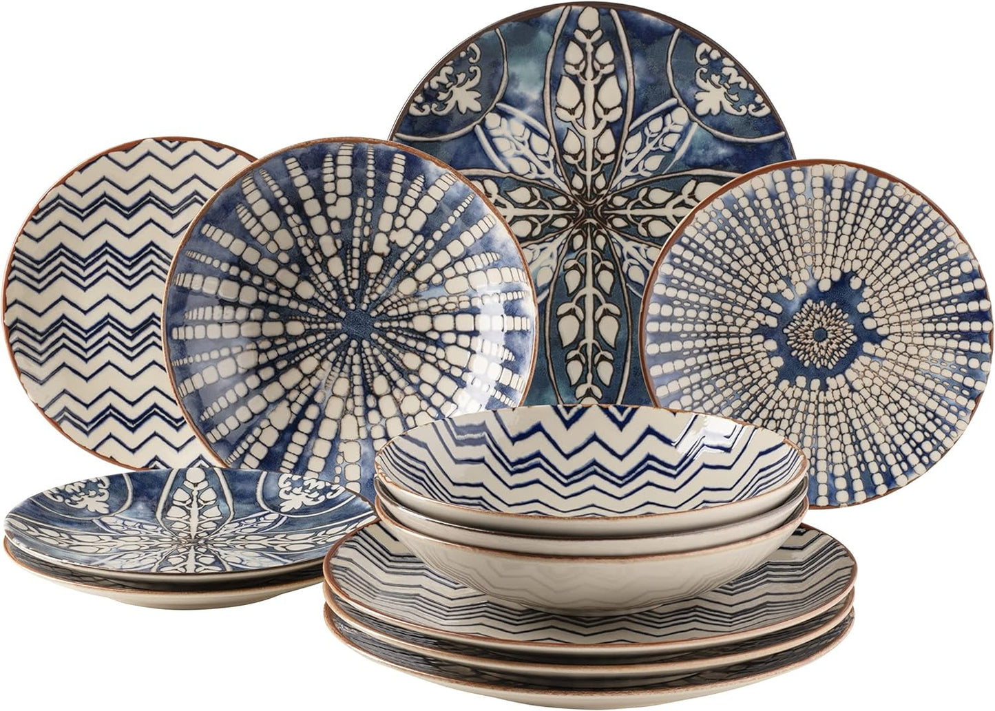 MÄSER 934017 Iberico Blue Jídelní set pro 4 osoby, 12dílný, maurský styl, různé vintage vzory v bílé a modré, keramika