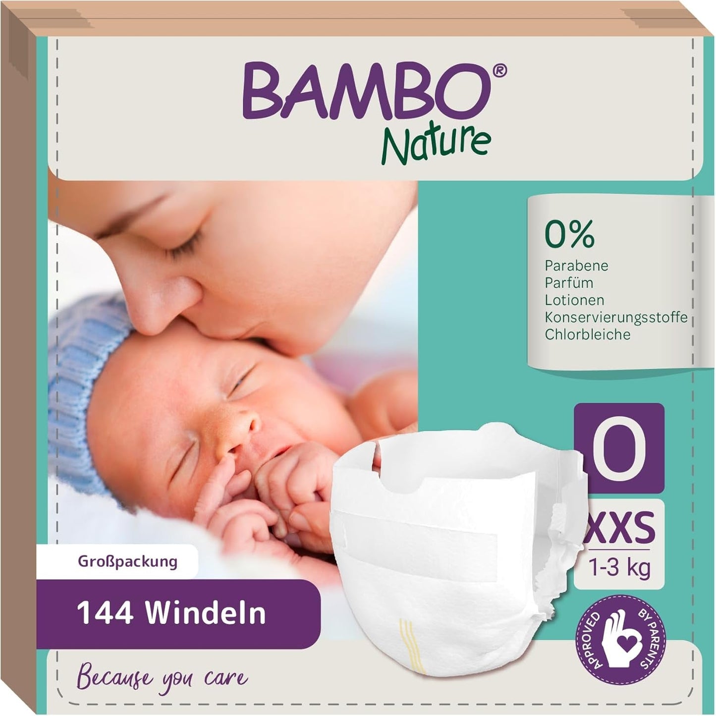 Bambo Nature plenky pro miminka, velikost 0 (1-3 kg), 144 ks, měsíční box | Prémiové plenky s vylepšenou ochranou proti úniku | Maximální pohodlí a svoboda pro novorozence | Dermatologicky testované plenky