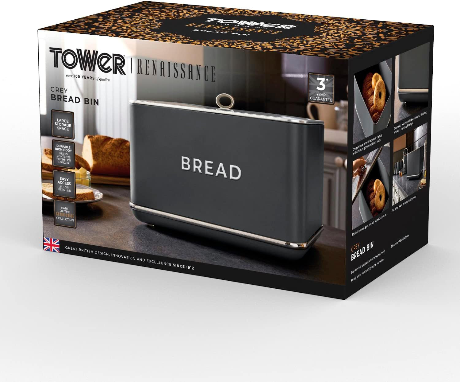 Tower T826175GRY Renesanční koš na chleba, objem 16 l, jedno víko, šedá Úložné boxy na potraviny Naty Shop