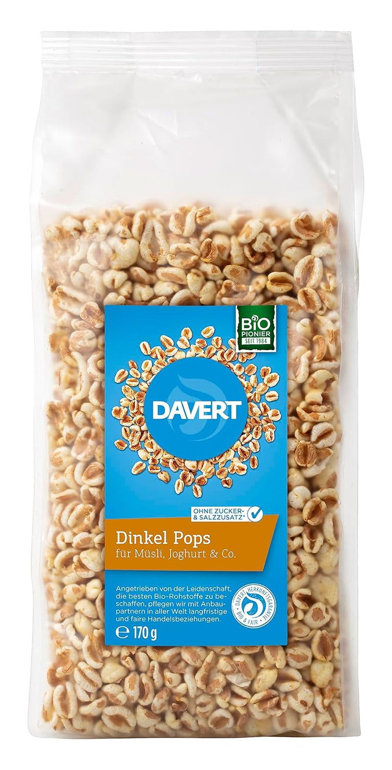 Davert Špaldová lízátka 170g – Ochucená, vzdušná a lehká expandovaná špaldová fazole s jemnou chutí pražení – 100% Davert BIO kvalita (1 x 170g)