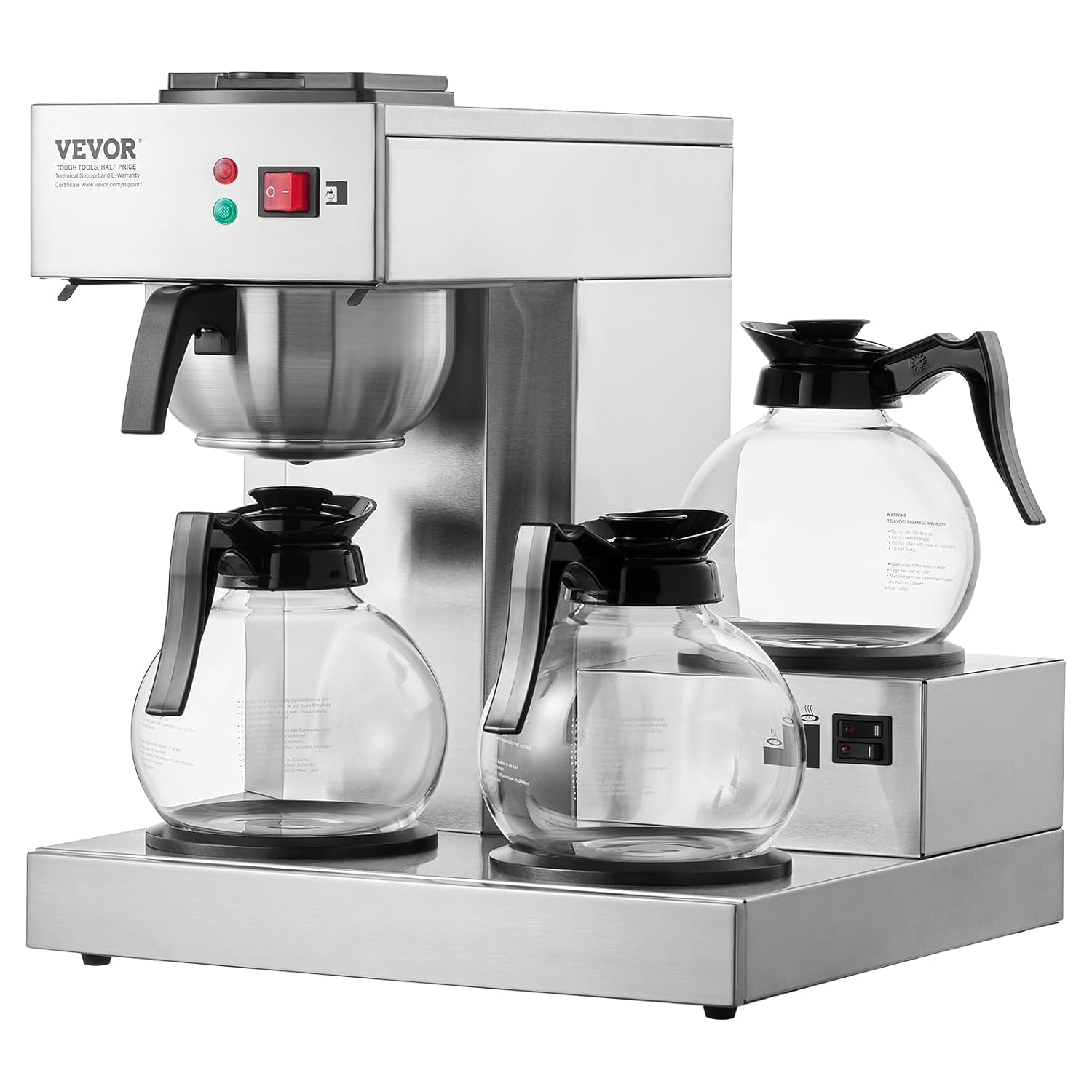 Komerční kávovar na espresso s filtrem na 12 šálků VEVOR se 3 skleněnými karafami a 3 topnými deskami Espresso kávovar z nerezové oceli s automatickým přívodem vody pro kancelářskou restauraci Kavárna