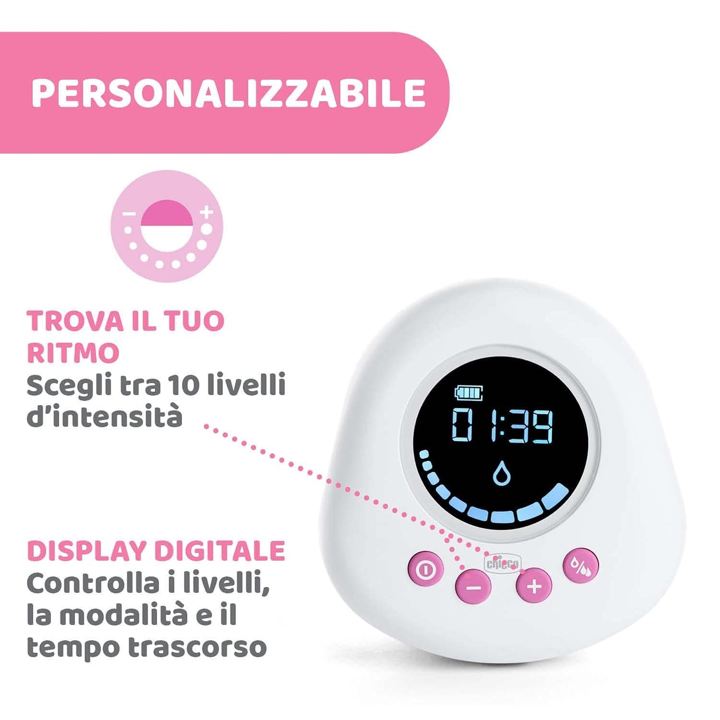 Chicco elektrická odsávačka mléka se stimulační a extrakční fází, 10 úrovní intenzity, pohodlná a rychlá, ergonomický tvar, se šikmým savičkou a těsným uzávěrem, bílá, 150 ml Příslušenství Potraviny a kojení Bebe Naty Shop