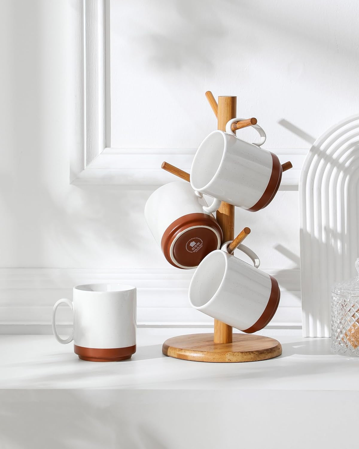 Sada hrnků na kávu MALACASA, sada hrnků z kameniny 350ml pro 4 osoby, moderní hrnky na kávu na čaj, džus, latte, cappuccino, horkou čokoládu. Vhodné do myčky a mikrovlnné trouby, série TARA, khaki bílá