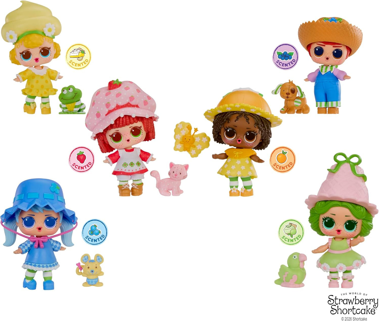 LOL Překvapení! Loves Strawberry Shortcake Tots – sběratelské voňavé panenky se 7 překvapeními, mazlíčkem, módou, botami, kloboukem, herní sadou s jahodovým koláčem, konvertibilní dům, věk 4+