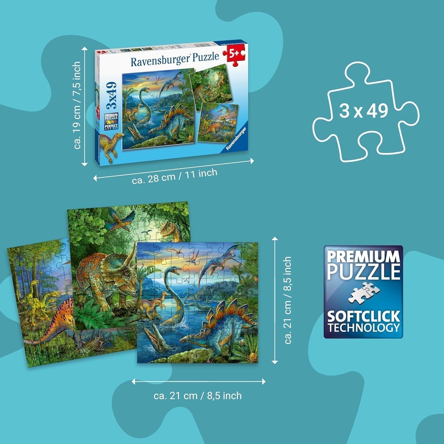 Dětské puzzle Ravensburger - 09317 The Fascination of Dinosaurs - 3x49dílné puzzle pro děti od 5 let Puzzle Naty Shop