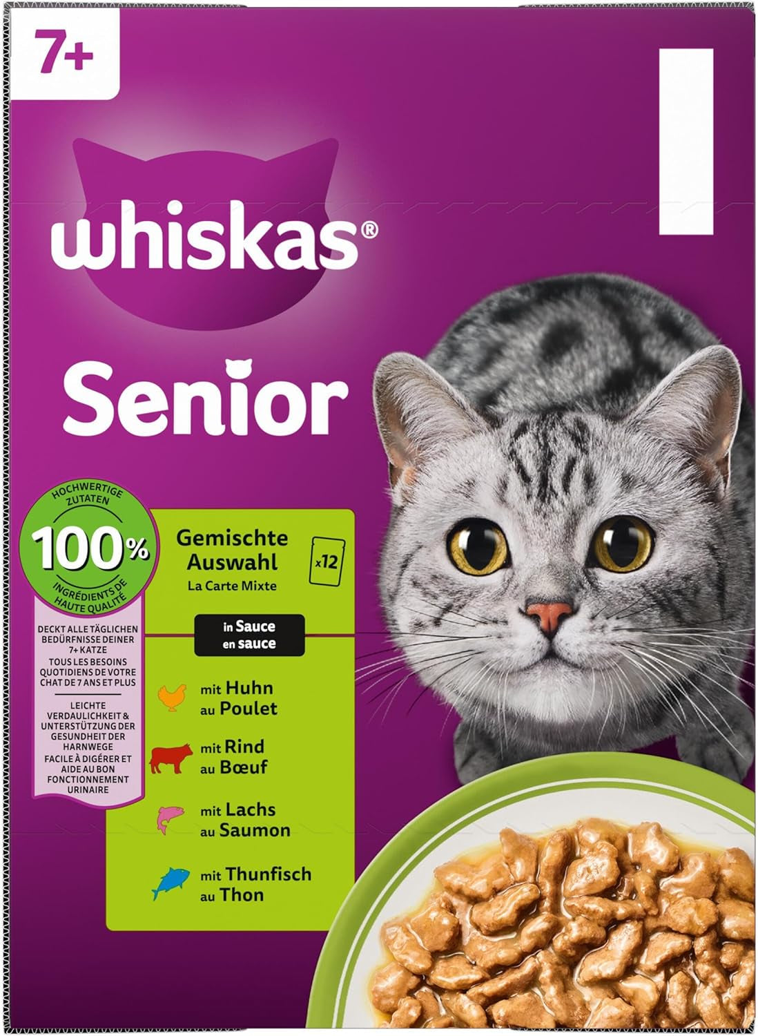 Whiskas Senior 7+ mokré krmivo Smíšený výběr v omáčce, 48 sáčků, 12x85g (balení po 4 ks) – vysoce kvalitní mokré krmivo pro kočky od 7 let