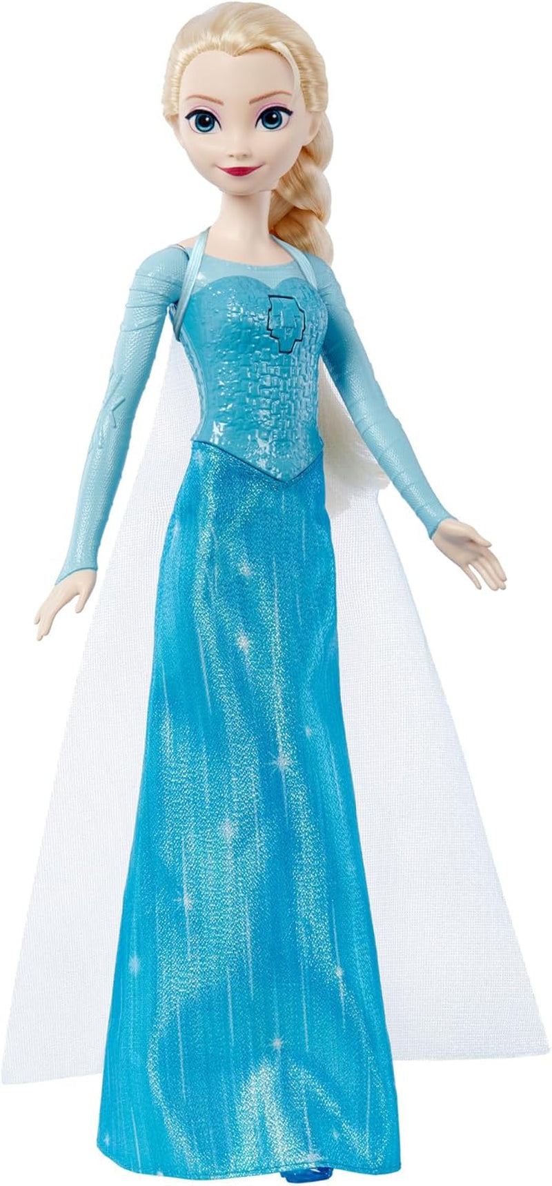 Mattel Toys Zpívající panenka Disney Frozen Elsa v ikonickém oblečení, zpívá „Let It Go“ z filmu Disney v angličtině, francouzštině, němčině, italštině, JDL58