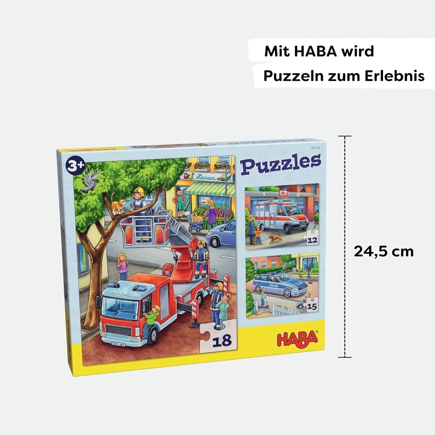 Hasičské puzzle HABA - 3dílná sada pro děti od 3 let Policejní a sanitní kartonové puzzle - podporuje jemnou motoriku a koncentraci - 1302759001 Puzzle Naty Shop