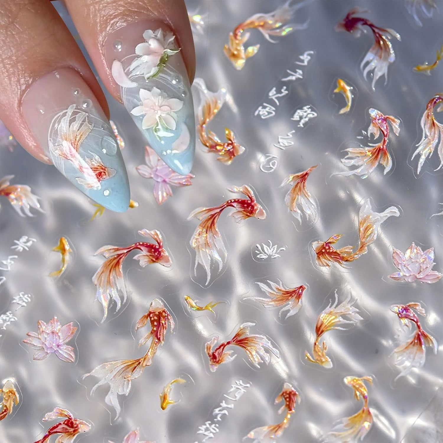 JMEOWIO 3D Nálepka na nehty Koi Fisch Nálepka na nehty Selbstklebend Nagelaufkleber 5D Stereoskopická dekorace Nageldesign Zubehör 1 Blatt