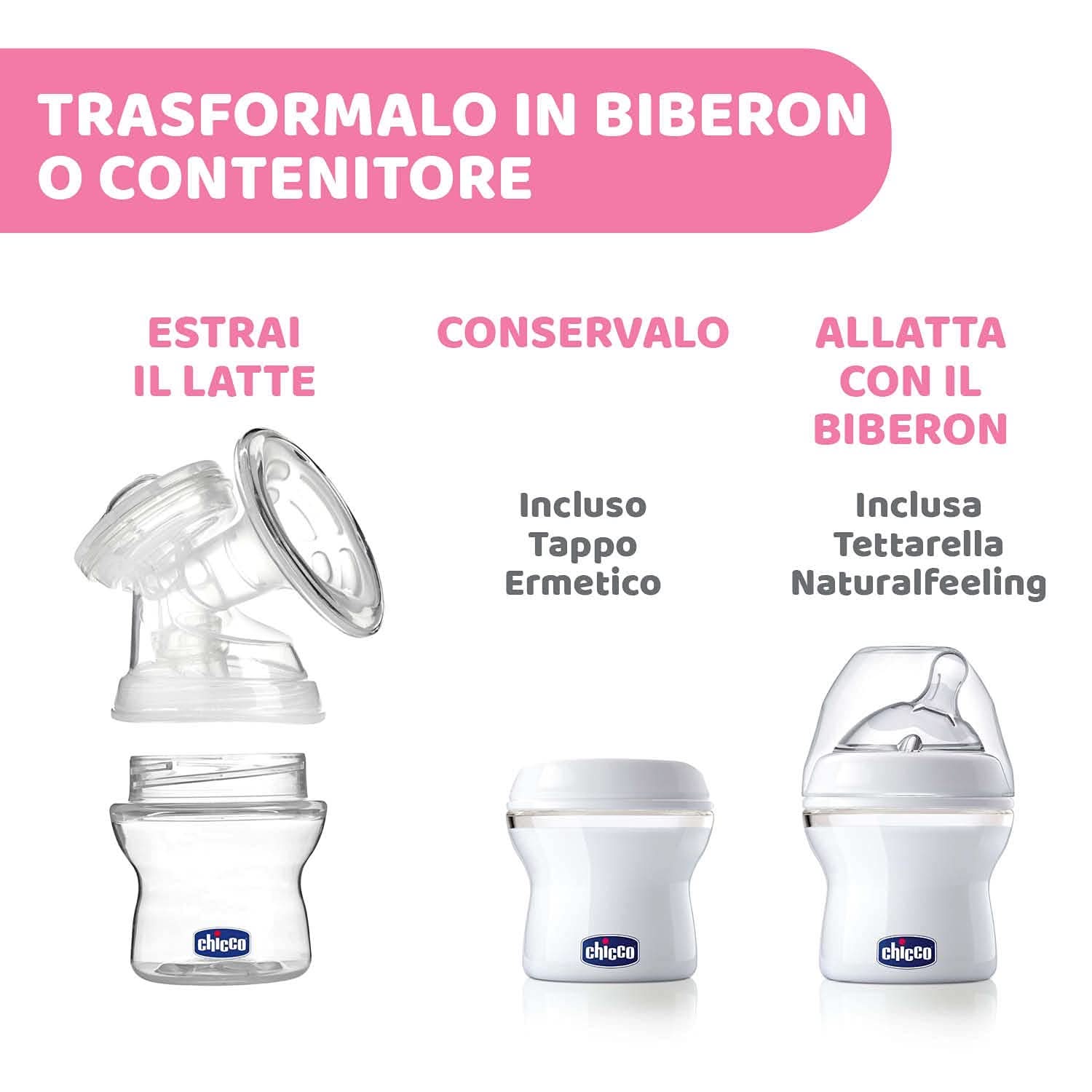 Chicco elektrická odsávačka mléka se stimulační a extrakční fází, 10 úrovní intenzity, pohodlná a rychlá, ergonomický tvar, se šikmým savičkou a těsným uzávěrem, bílá, 150 ml Příslušenství Potraviny a kojení Bebe Naty Shop