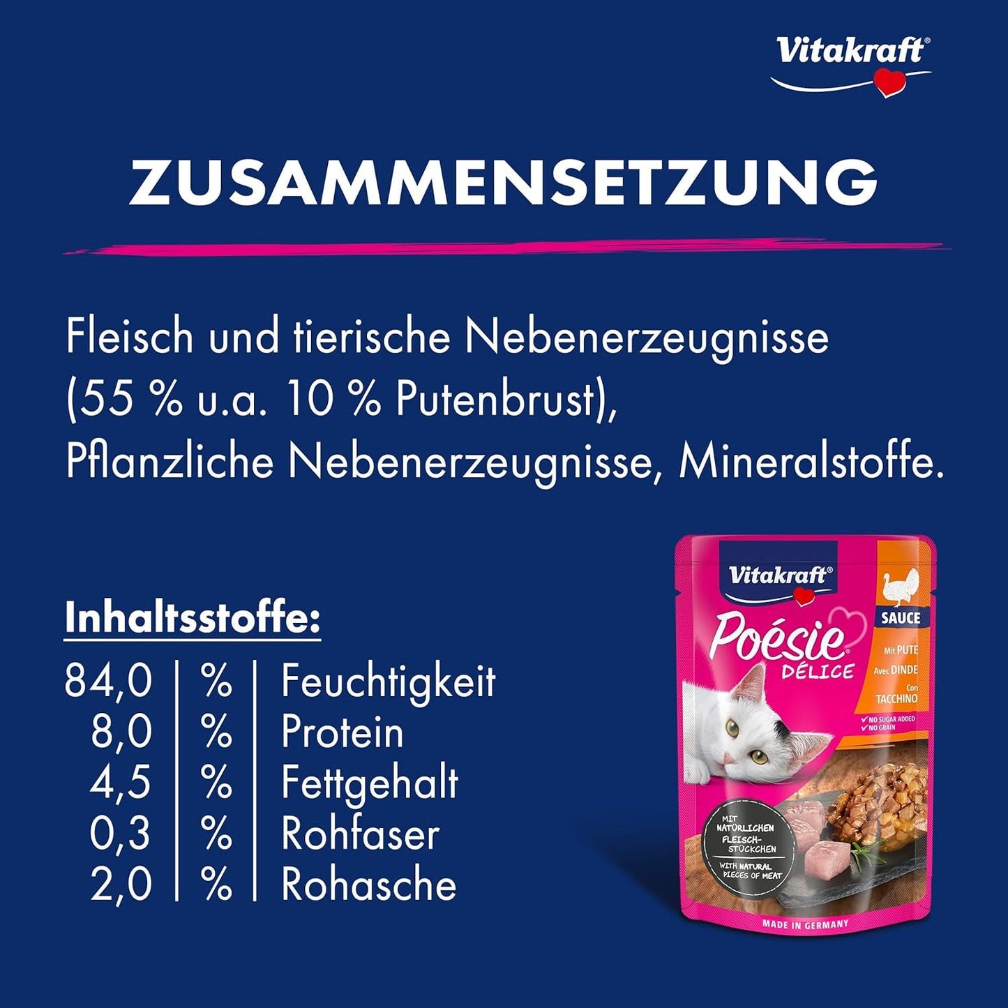 Vitakraft Poésie Délice, mokré krmivo pro kočky, krmivo pro kočky v omáčce, s krůtím masem, hromadné balení, bez přidaného cukru nebo obilovin (23 x 85 g)