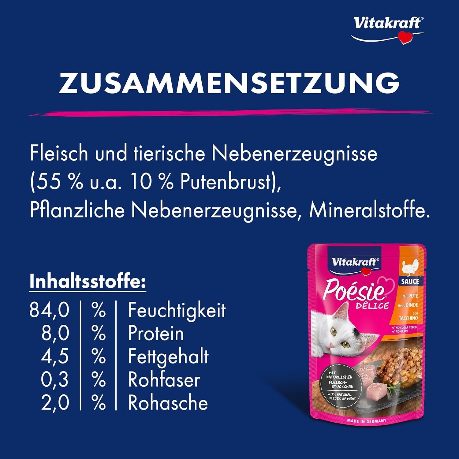 Vitakraft Poésie Délice, mokré krmivo pro kočky, krmivo pro kočky v omáčce, s krůtím masem, hromadné balení, bez přidaného cukru nebo obilovin (23 x 85 g)